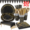 202pcs Eco-Friendly Disposable Black and Gold Paper Plates Cutlery Napkins Cups Tablecloth Banner Supplies Bulk