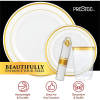 Prestee 350 Piece Gold Dinnerware Set - 50 Guest - Disposable Gold Dinnerware Set - 100 Gold Rim Plastic Plates - 50 Linen Feel Napkins with Spoons