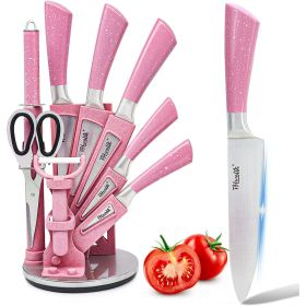 Kitchen Knife Set, 9PC Pink Wheat Straw Sharp Cooking Knife Set with Acrylic Stand