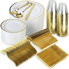 600 Piece Gold Plastic Dinnerware Set Including Plates, Cutlery and Cups