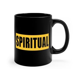 Black Ceramic Mug - 11oz, Spiritual Yellow Gold Colorblock Illustration