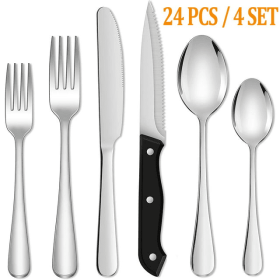 24 Piece Silverware Set with Steak Knives, Stainless Steel Flatware Set, Cutlery Set Service for 4, Mirror Polished Utensils Set