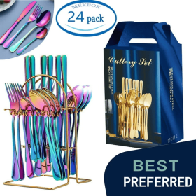 MEKBOK Colorful Silverware Set,24 piece Stainless Steel Flatware Set with Hanging Caddy,Iridescent Cutlery Utensils Set Service for 6,(Muti-colorful