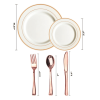 JL Prime 125 Piece Rose Gold Plastic Plates & Cutlery Set, Re-usable Recyclable Plastic Plates with Rose Gold Rim & Silverware, 25 Dinner Plates