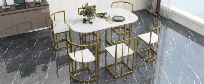 TOPMAX Modern 7-Piece Dining Table Set with Faux Marble Compact 55Inch Kitchen Table Set for 6, Golden+White