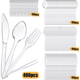 STONCEL 400PCS Clear Plastic Cutlery Set, Durable Reusable Plastic Cutlery Set Includes 100 Forks 100 Spoons 100 Knives 100 Fruit Forks for Tableware